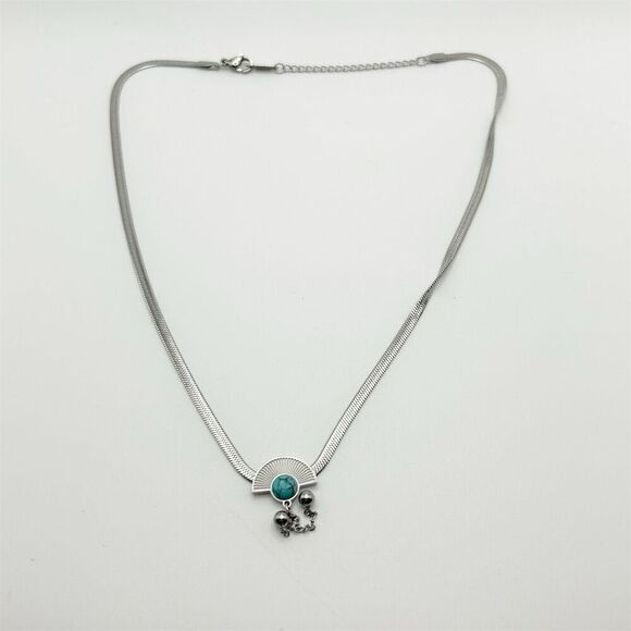 Silver Tone Classic Chic Faux Turquoise Tassel Pendant Necklace Adjustable 18" - Picture 7 of 12